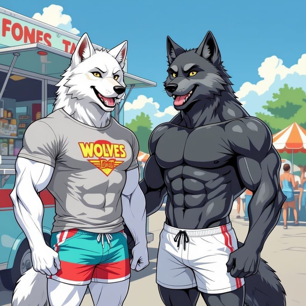 Muscular Wolves in Retro Food Truck Event, Comic Book Style