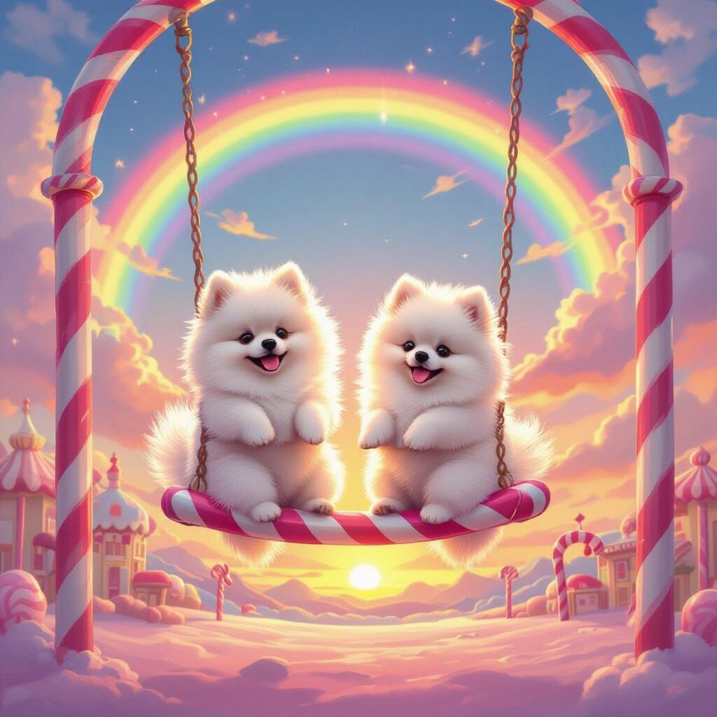 Pomeranians Swing on Candy Cane Pole in Rainbow Candy Land