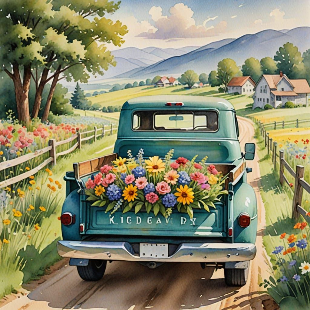 Vintage Pickup Truck Filled With Flowers in Watercolor Style