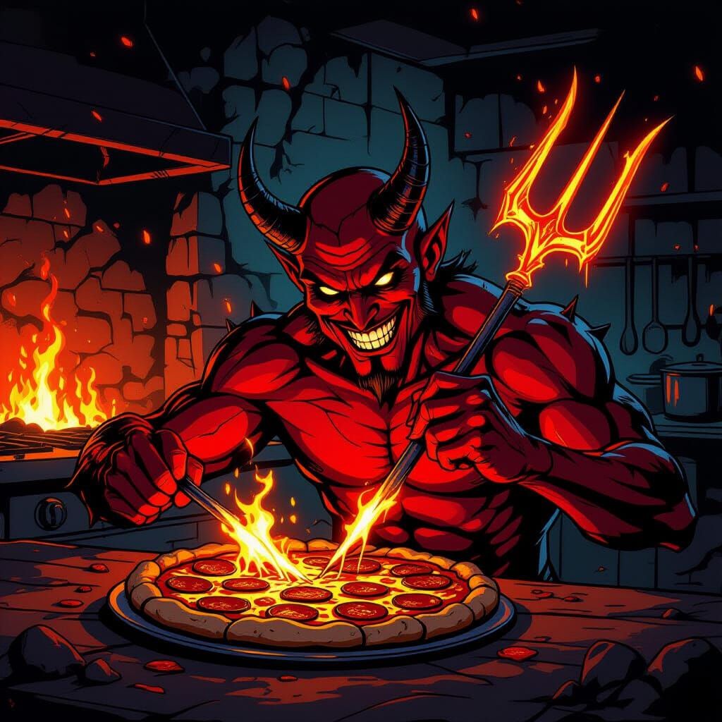 Crimson Devil Impales Pizza with Glowing Pitchfork