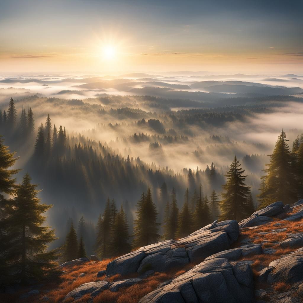 Mountain Sunrise with Morning Fog: Matte Painting