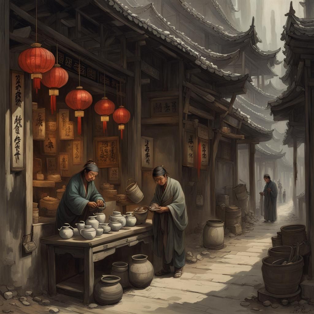 Ancient Chinese Tea Shop Portrait with Horror Elements