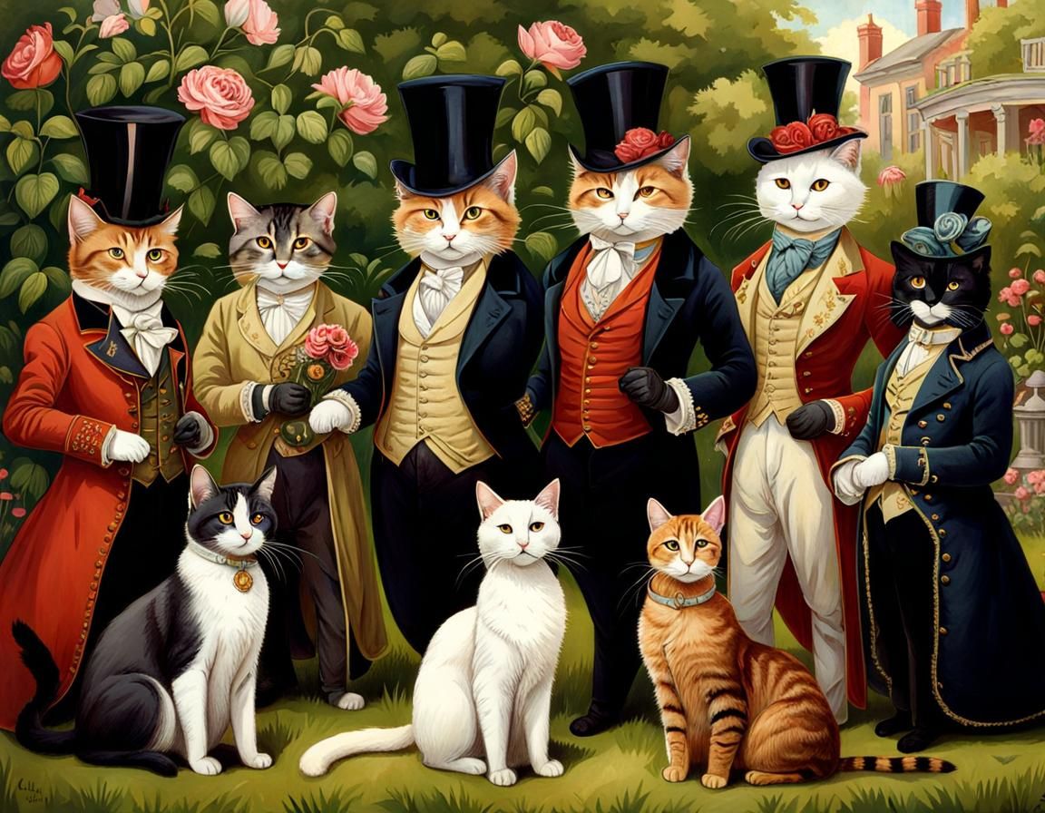 3-Fourteen Cats dressed in Victorian clothing mingling at a garden party. Amazing Anthropomorphic artistry.