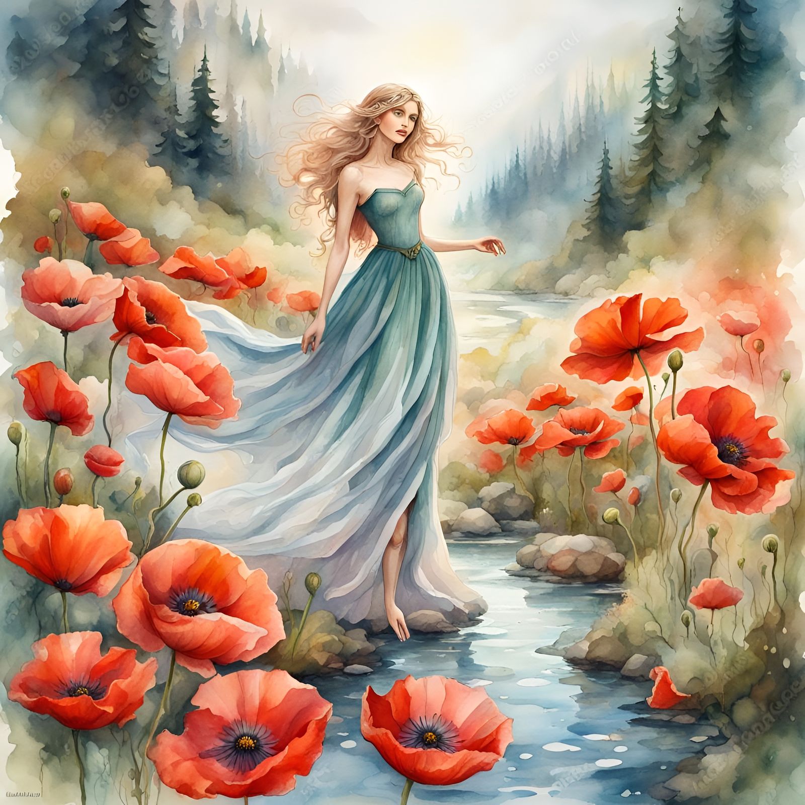 Watercolor Fairy Flying Above Poppy Field