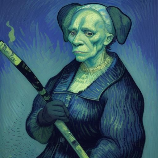 Glowing Dog and Old Woman in Post-Impressionistic Style