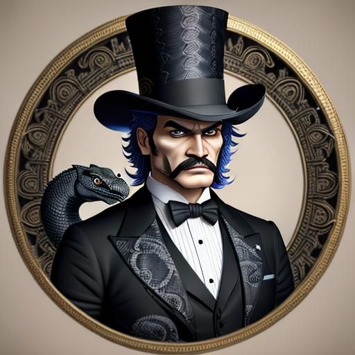 black snake wearing a top hat, man holding magician's wand, ...