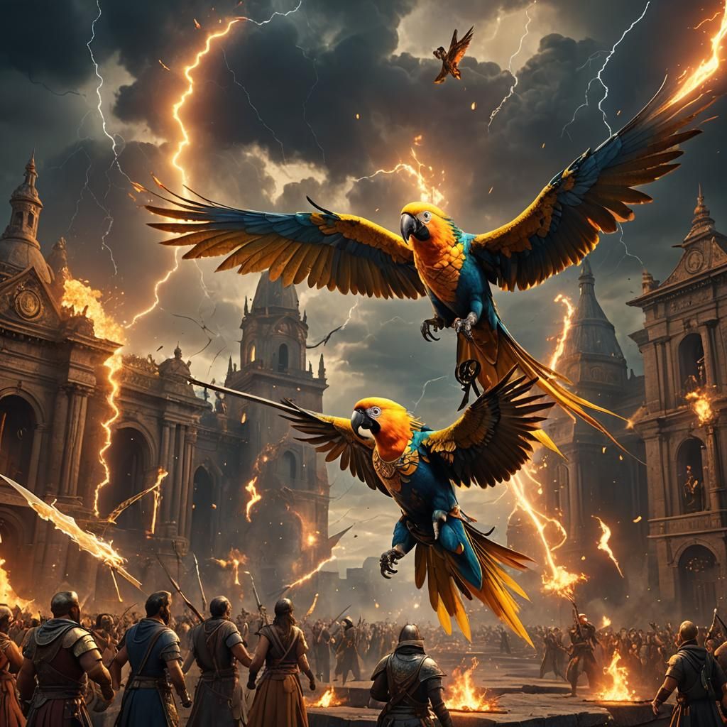 Giant Fiery Parrot Spreads Wings in Fantasy Art