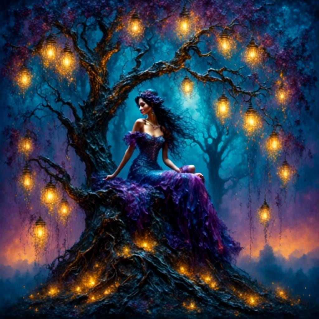 Mystical Fairy in Forest Glade at Night