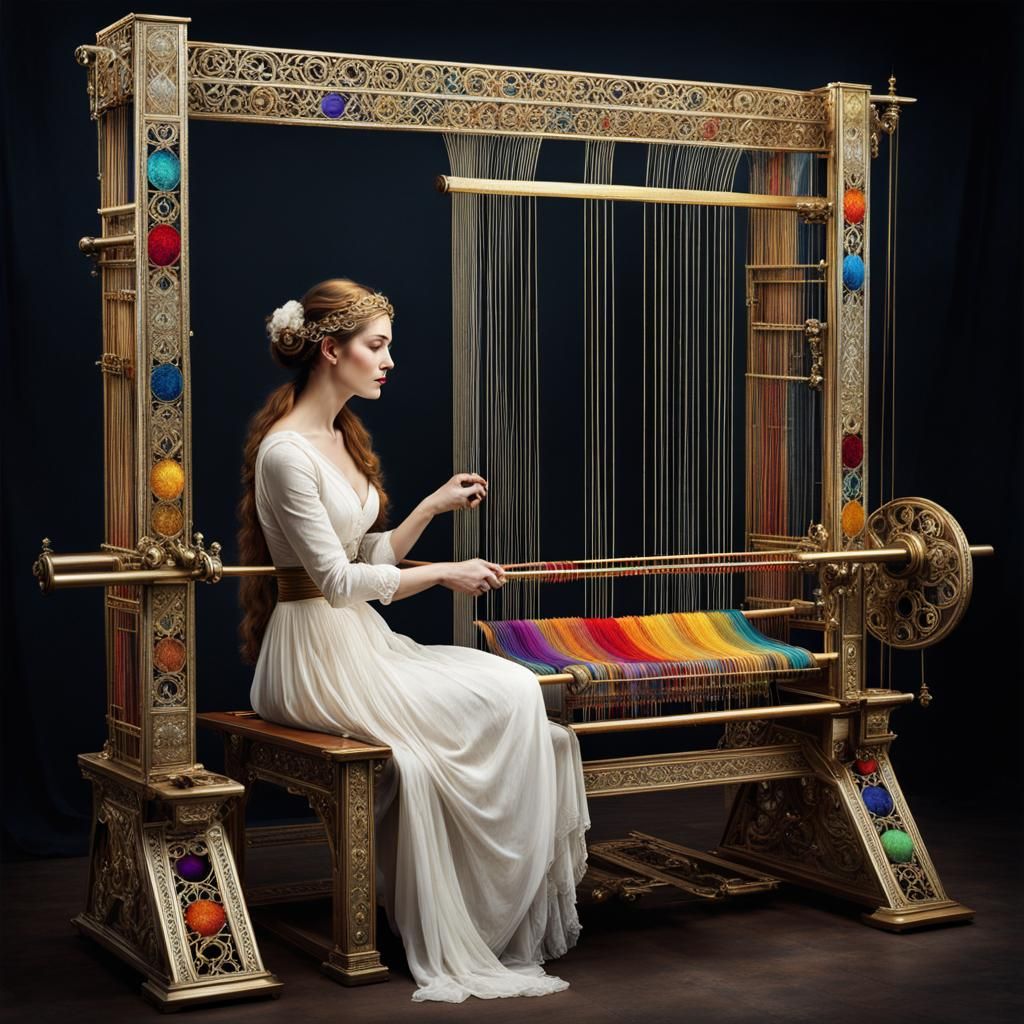 Woman at Antique Loom with Filigree Aura