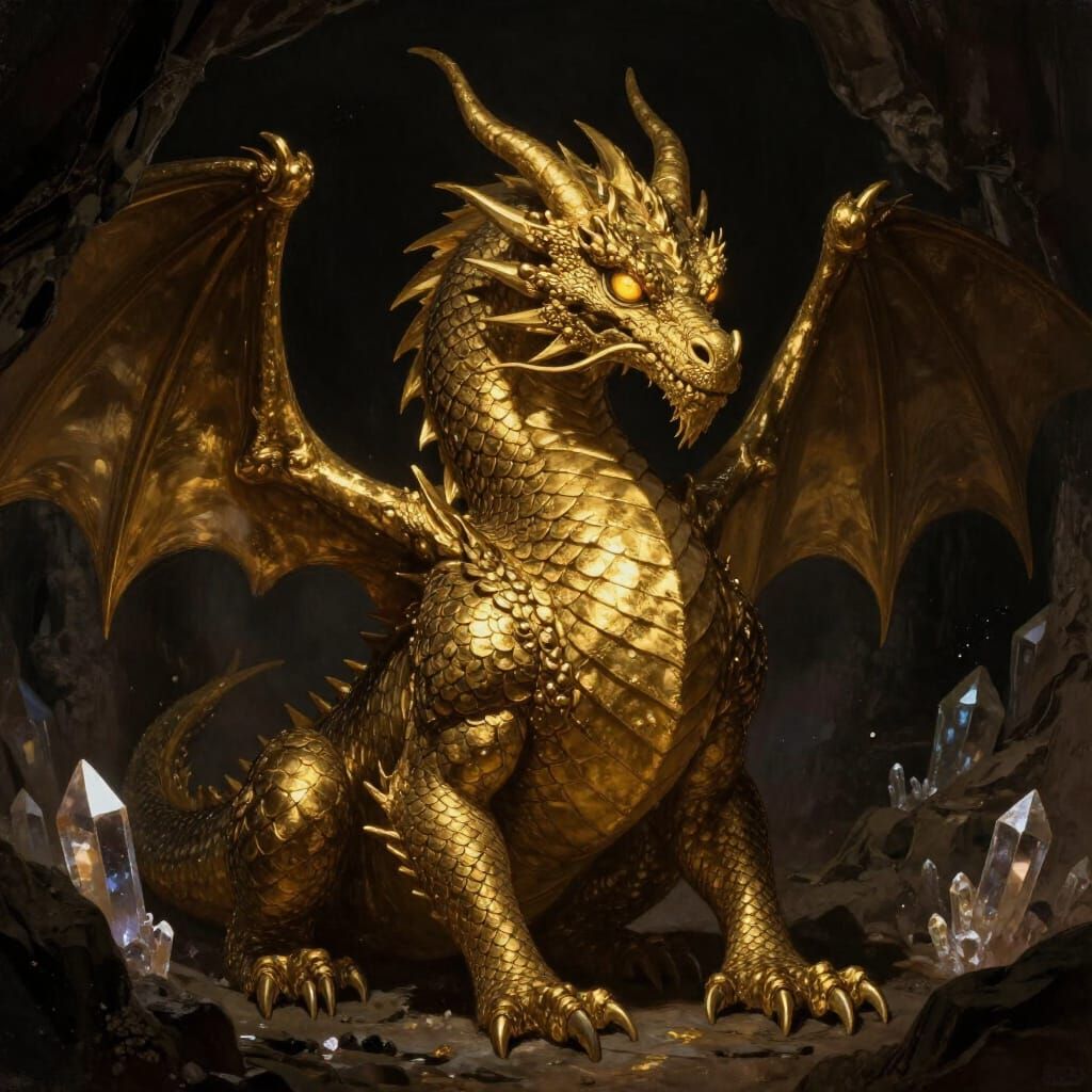 Golden Dragon in Dark Cavern with Glowing Eyes