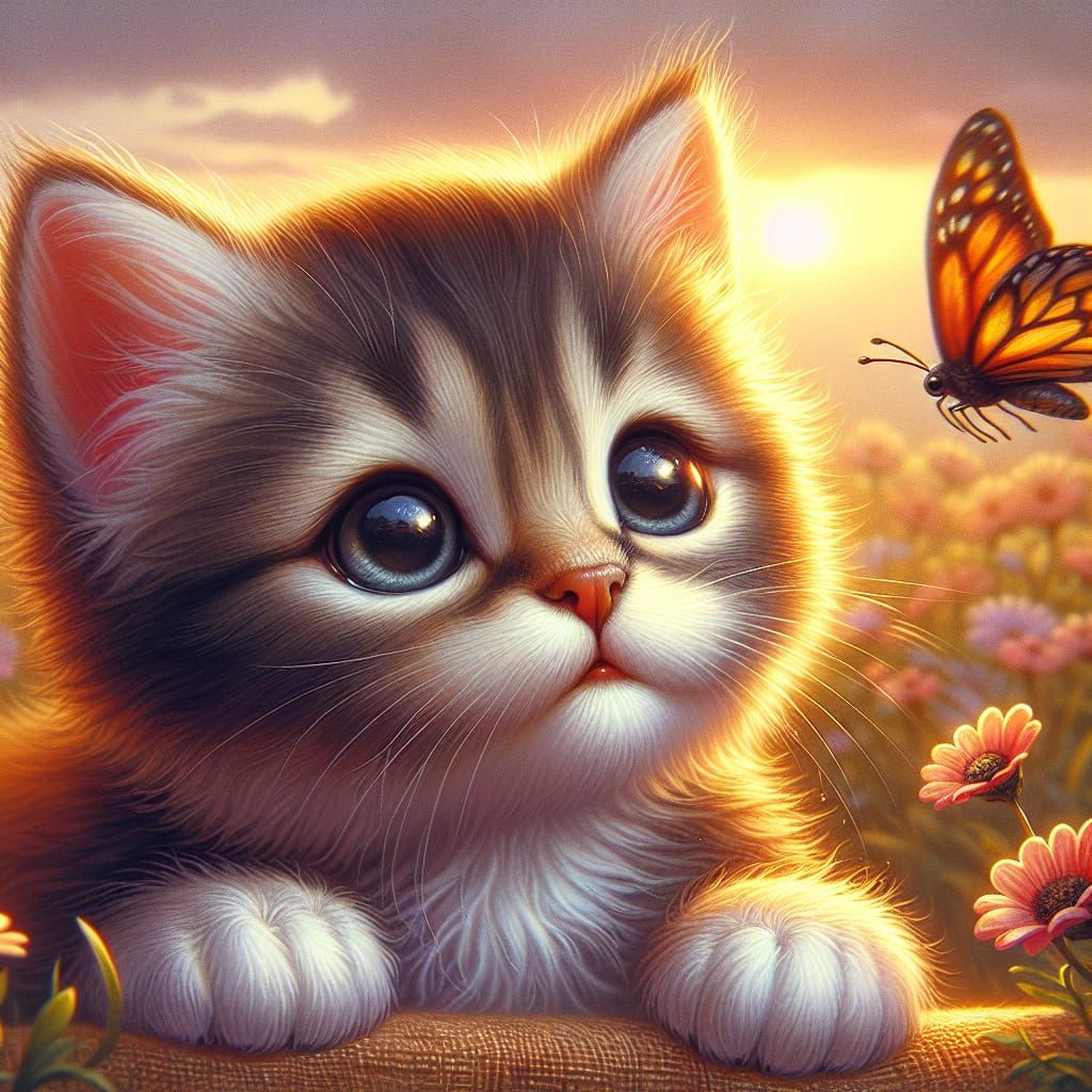 Curious Kitten and Butterfly in Flower Field