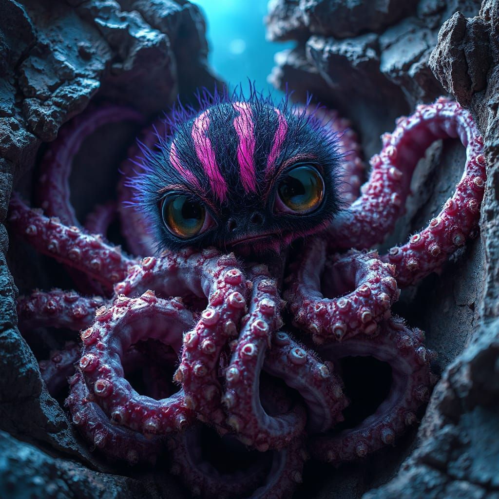 Neon Furry Creature with Tentacles in Grungy Style