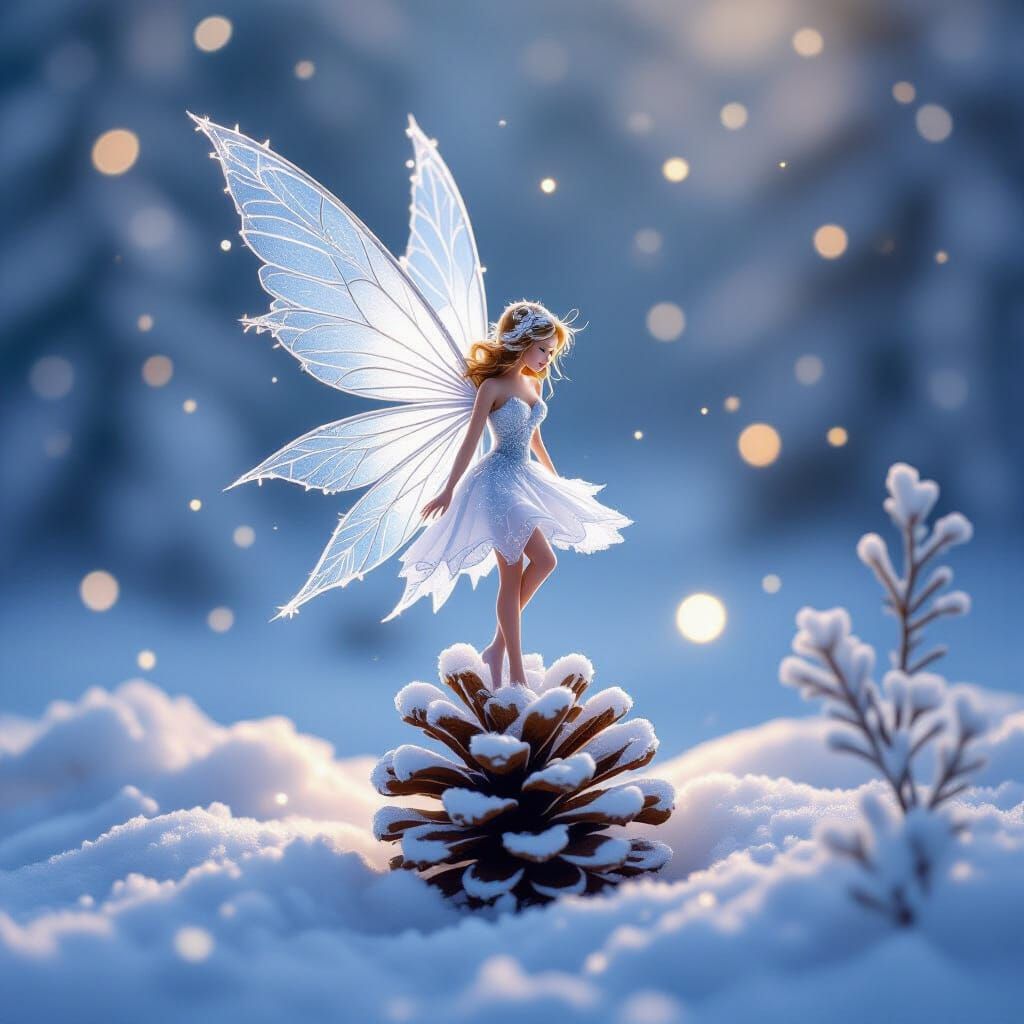 Snowflake Fairy on Pinecone with Magical Winter Light