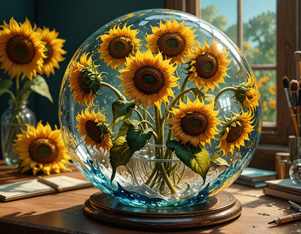 Surreal Sunflowers in a Glass Sphere, Inspired by Van Gogh