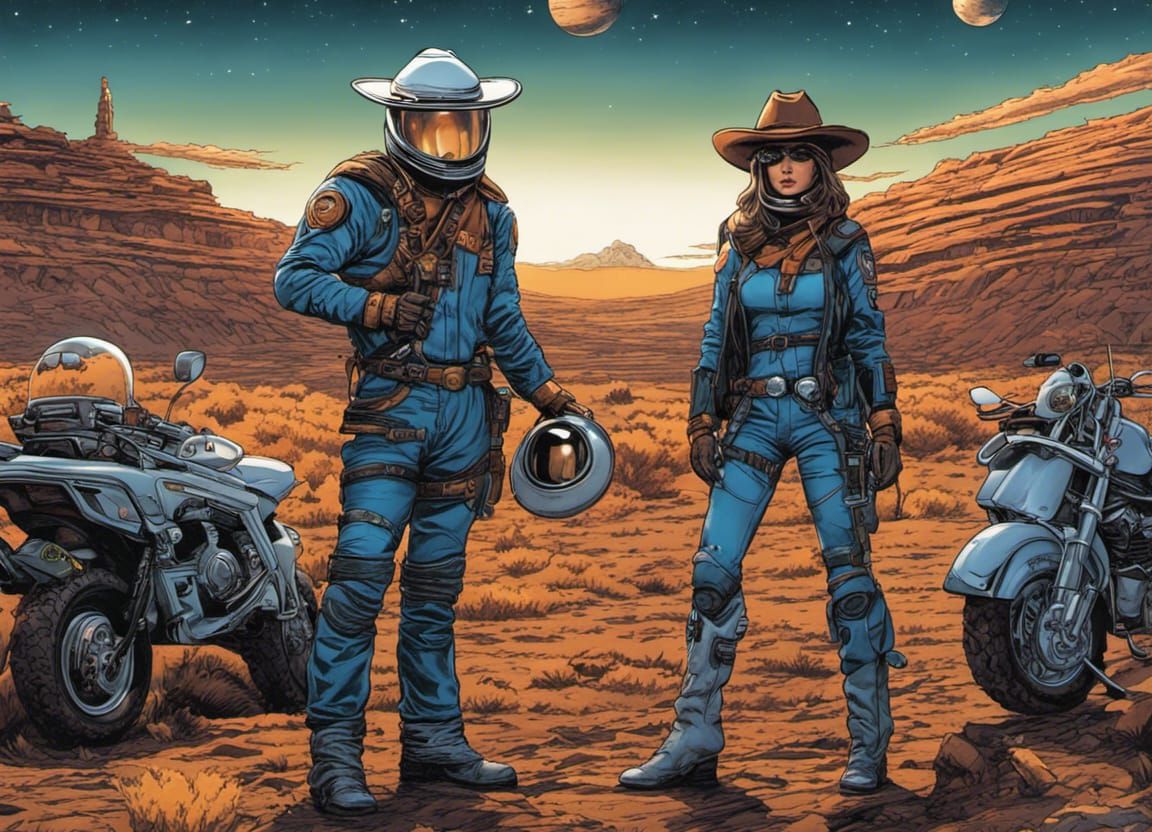 Futuristic Space Cowboys on Tron Motorcycles Comic Art