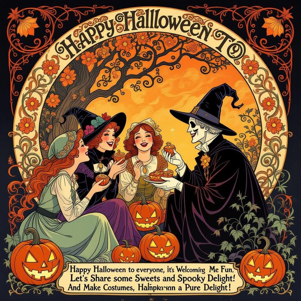 Art Nouveau Halloween Party with Costumes and Pumpkins