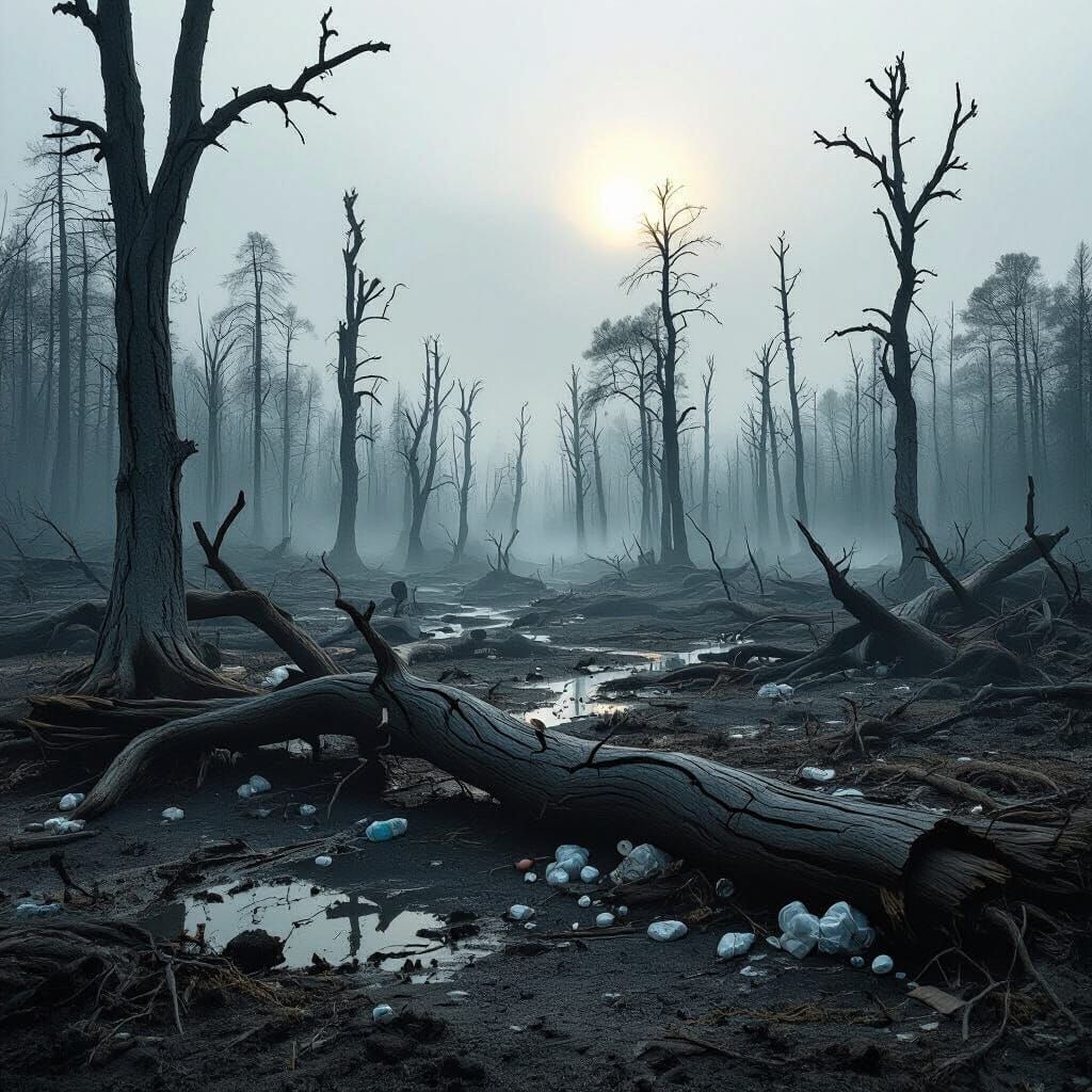 Devastated Forest with Toxic Mist and Plastic Waste