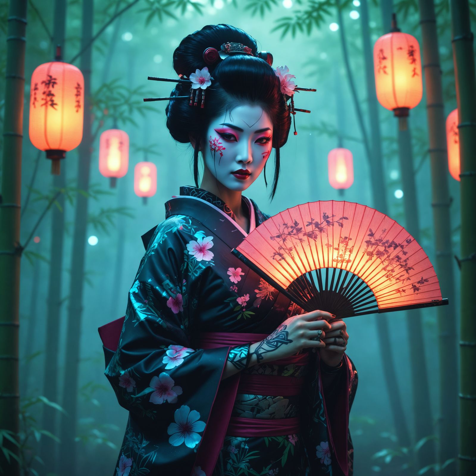 Cyberpunk Geisha in Futuristic Bamboo Forest