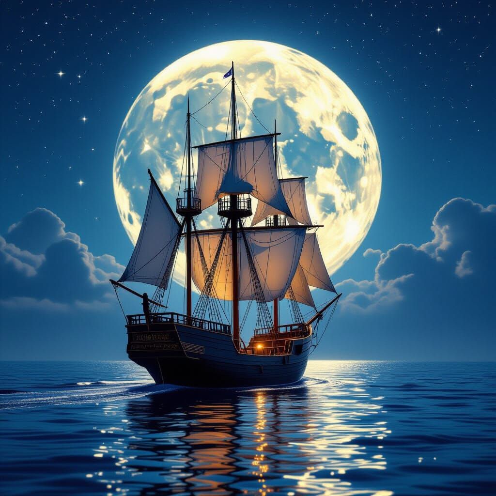 Ancient Sailing Ship Under Luminous Moonlit Sky