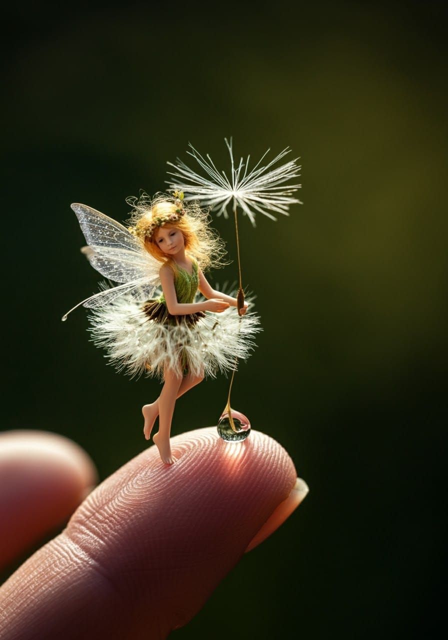 Macro Tiny Fairy on Fingertip Holding Seed