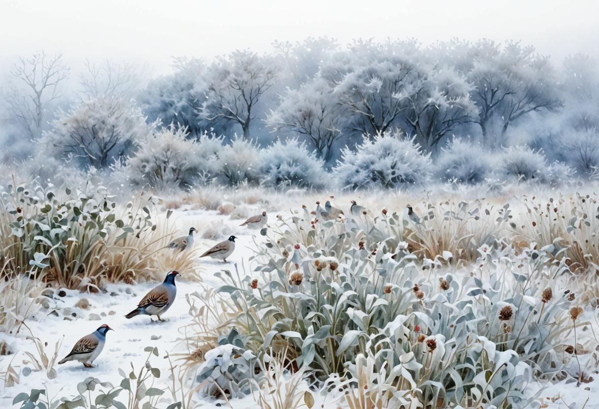 Chukar Partridges in Snowy Landscape Watercolor