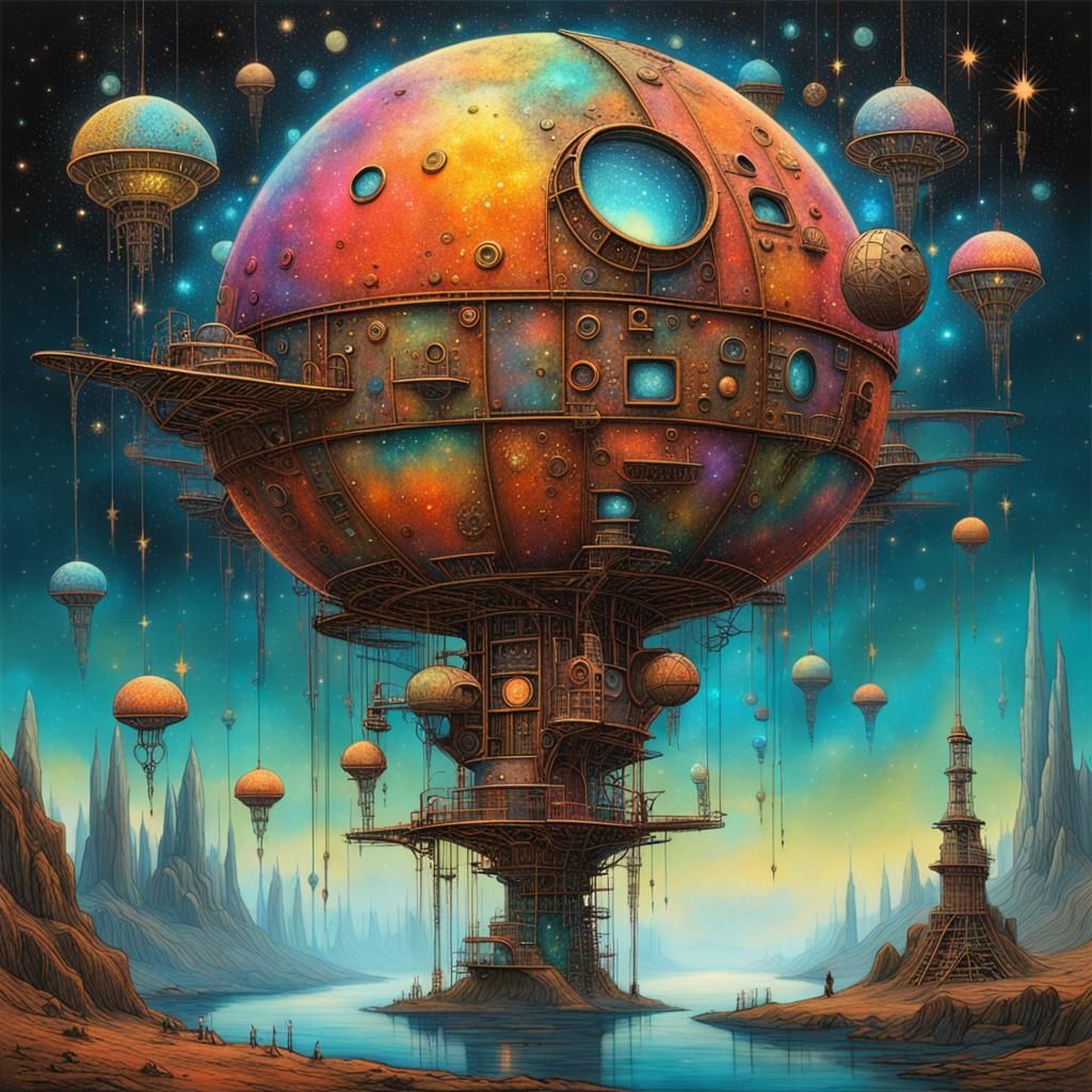 Colorful Steampunk Moonbase with Stars, Digital Art