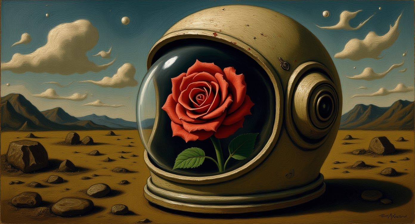 Rose Blooms in Astronaut Helmet: Impasto Painting