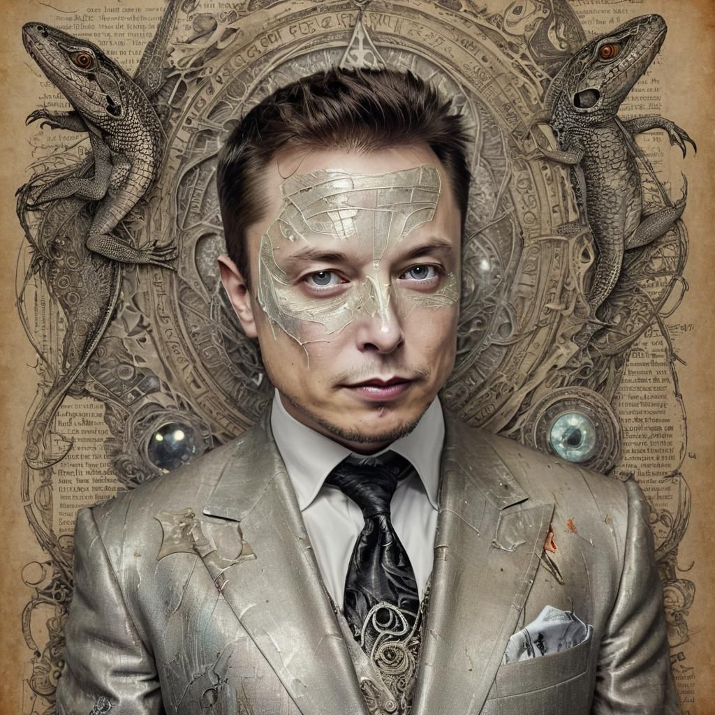 Lizard Elon Musk in Watercolor With Occult Symbols