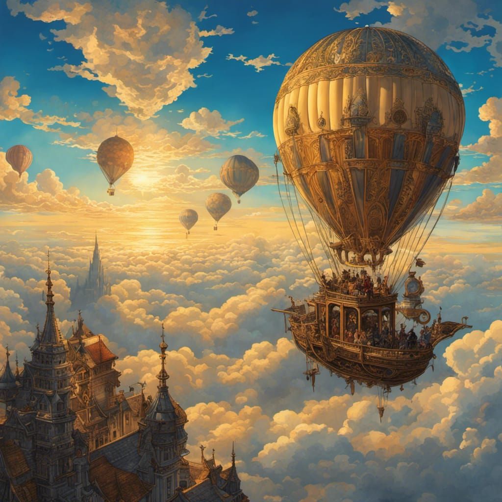 Victorian Balloon Ride: Golden Fantasy Masterpiece