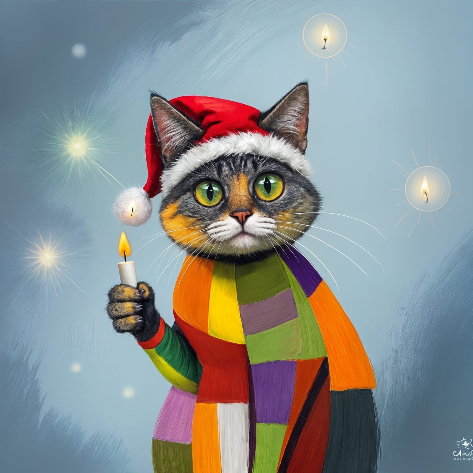 Whimsical Cat in Christmas Hat, Exaggerated Features in Vibr...