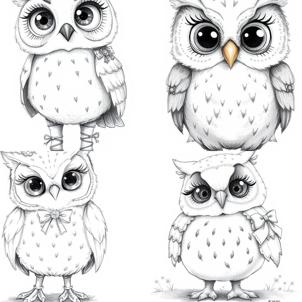 Cute Stitched Owl Coloring Page in Pencil Sketch Style