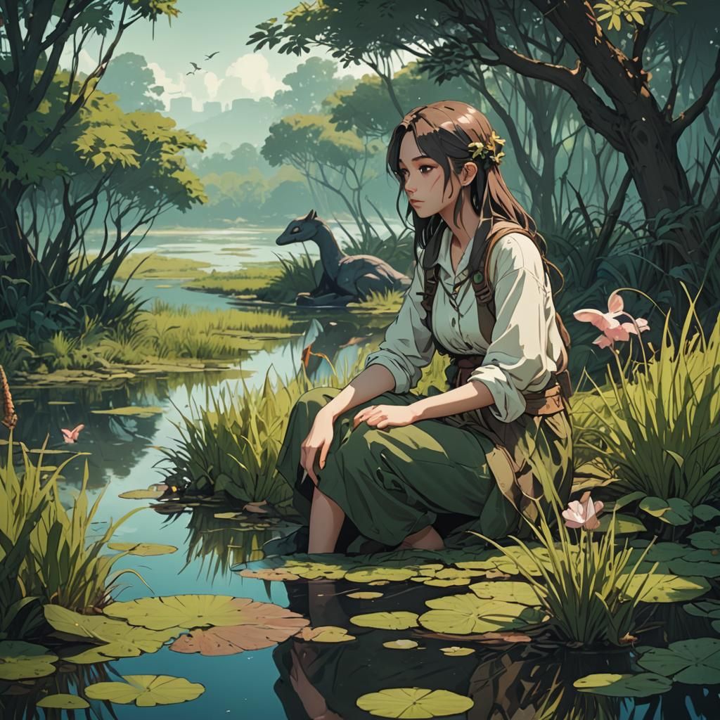 Anime Woman in Wetlands, Cel-Shaded Style