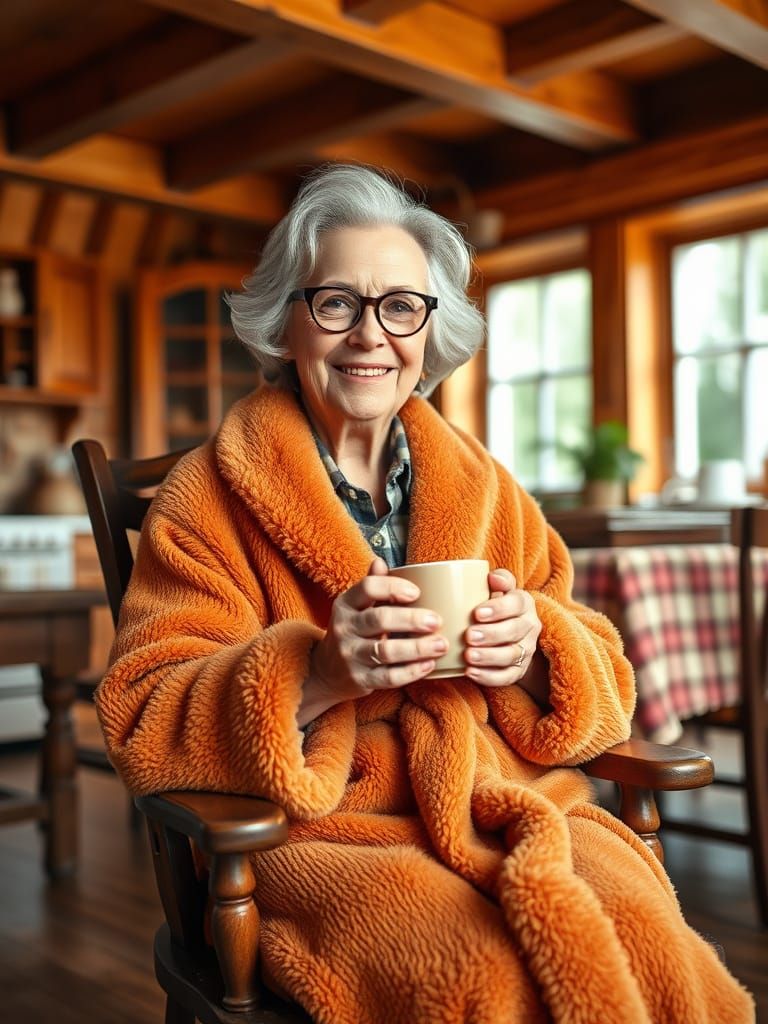 Cozy Grandma Enjoying Coffee in Rustic Kitchen