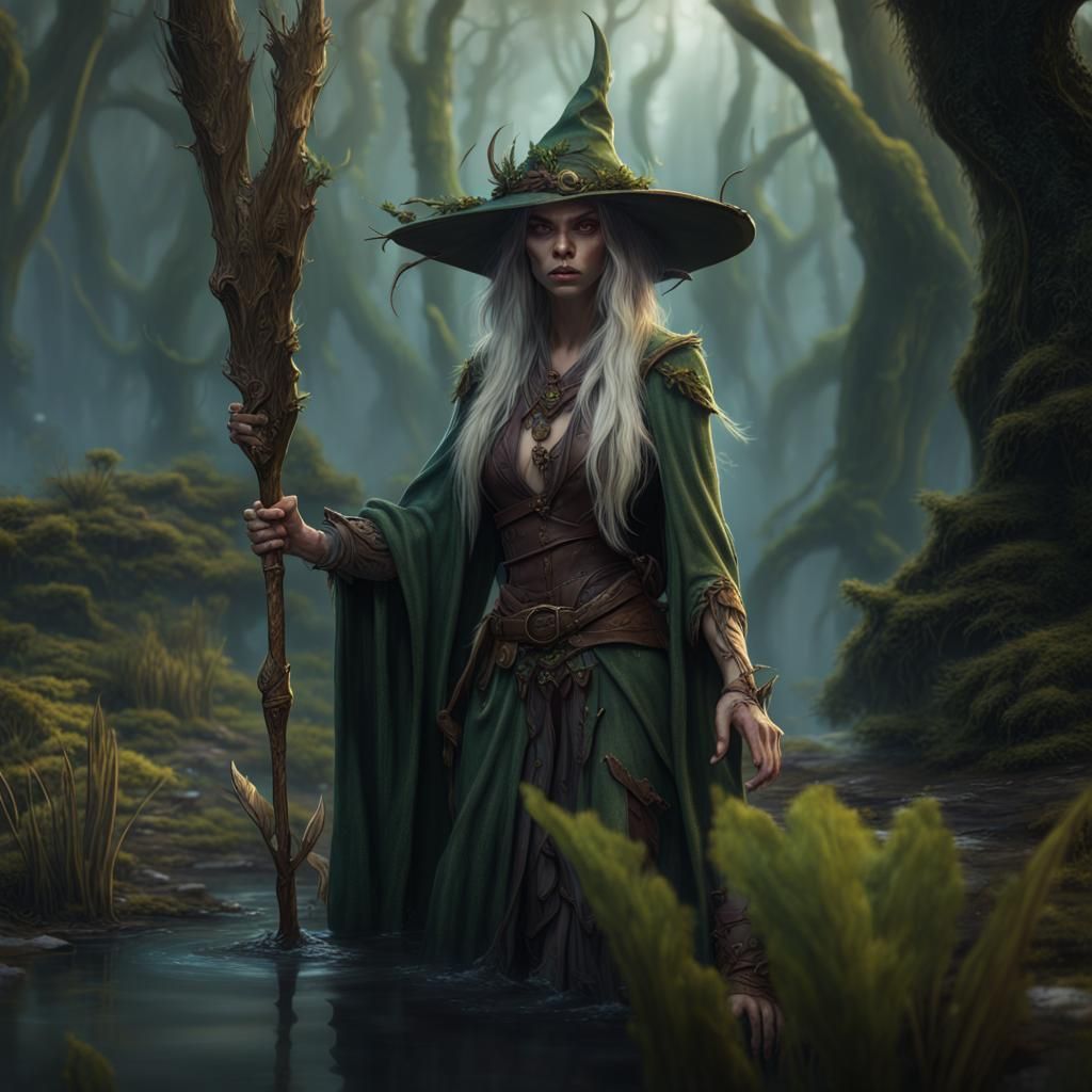 Elf Swamp Witch Captures Wanderers in Fantasy Art
