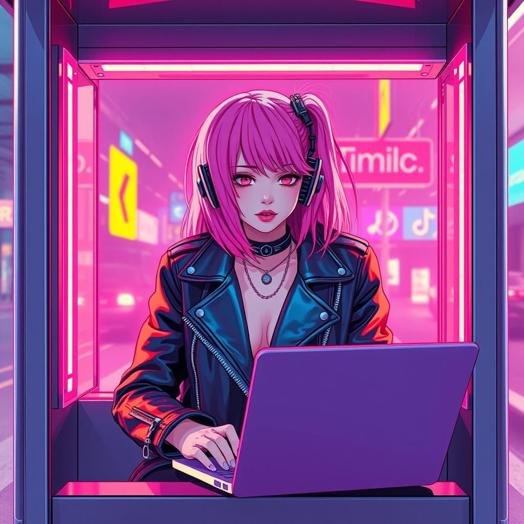 Pink Haired Girl Hacking in Synthwave Neon Style