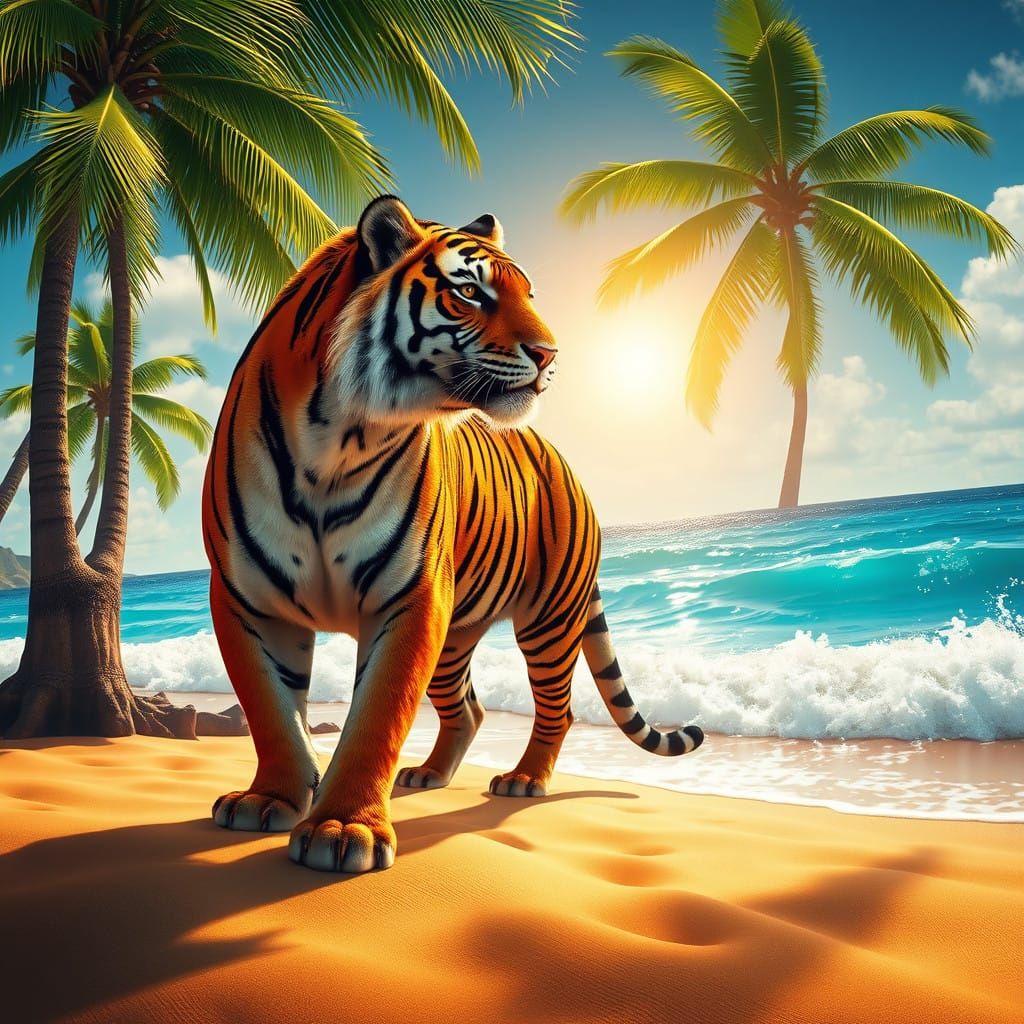 Tiger on Hawaiian Beach in Vibrant Colors