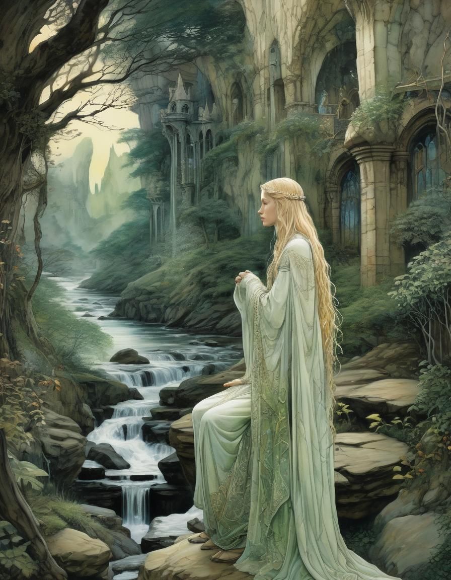 Galadriel Overlooks Rivendell in Alcohol Ink Style