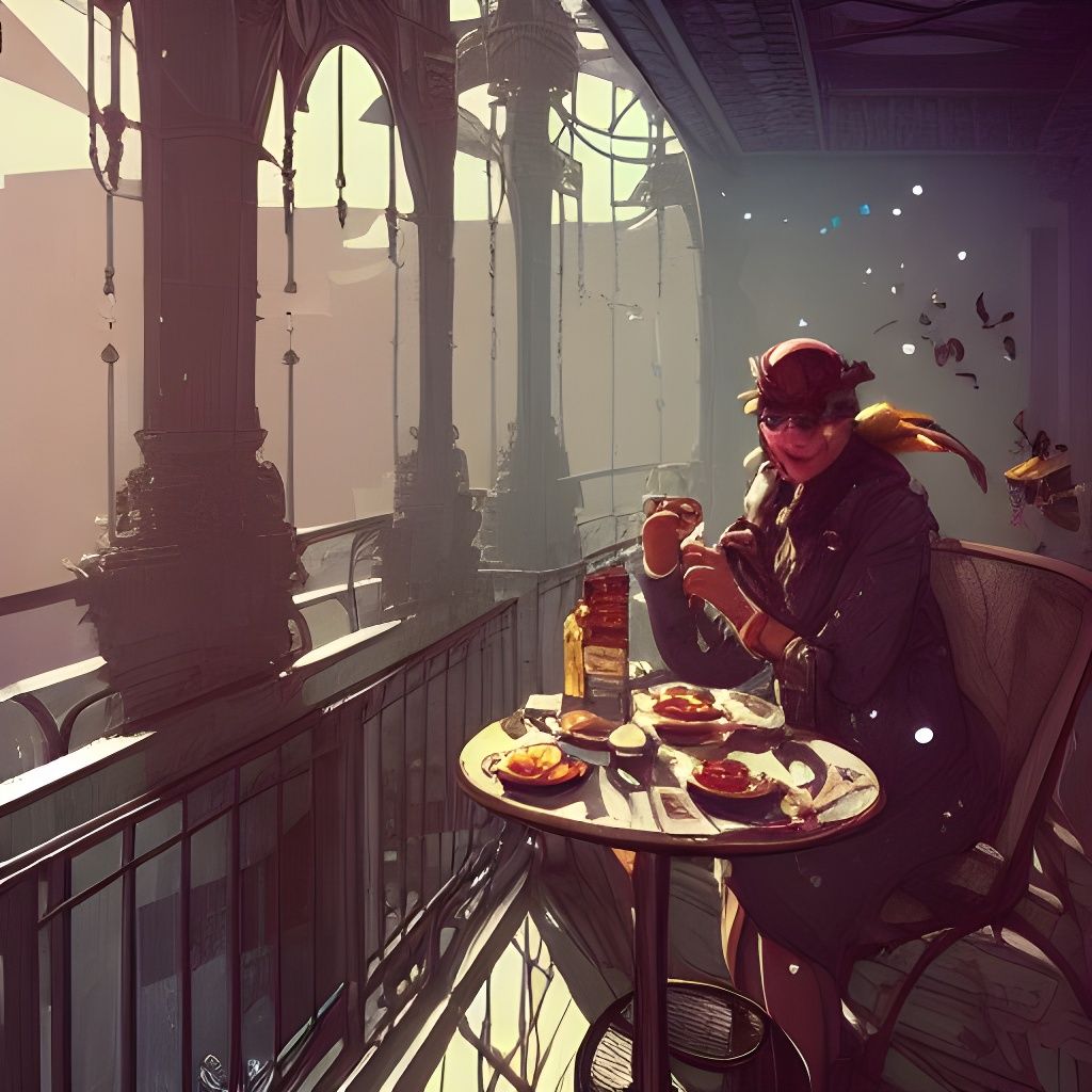 Dieselpunk Breakfast Balcony, Cel-Shaded Art