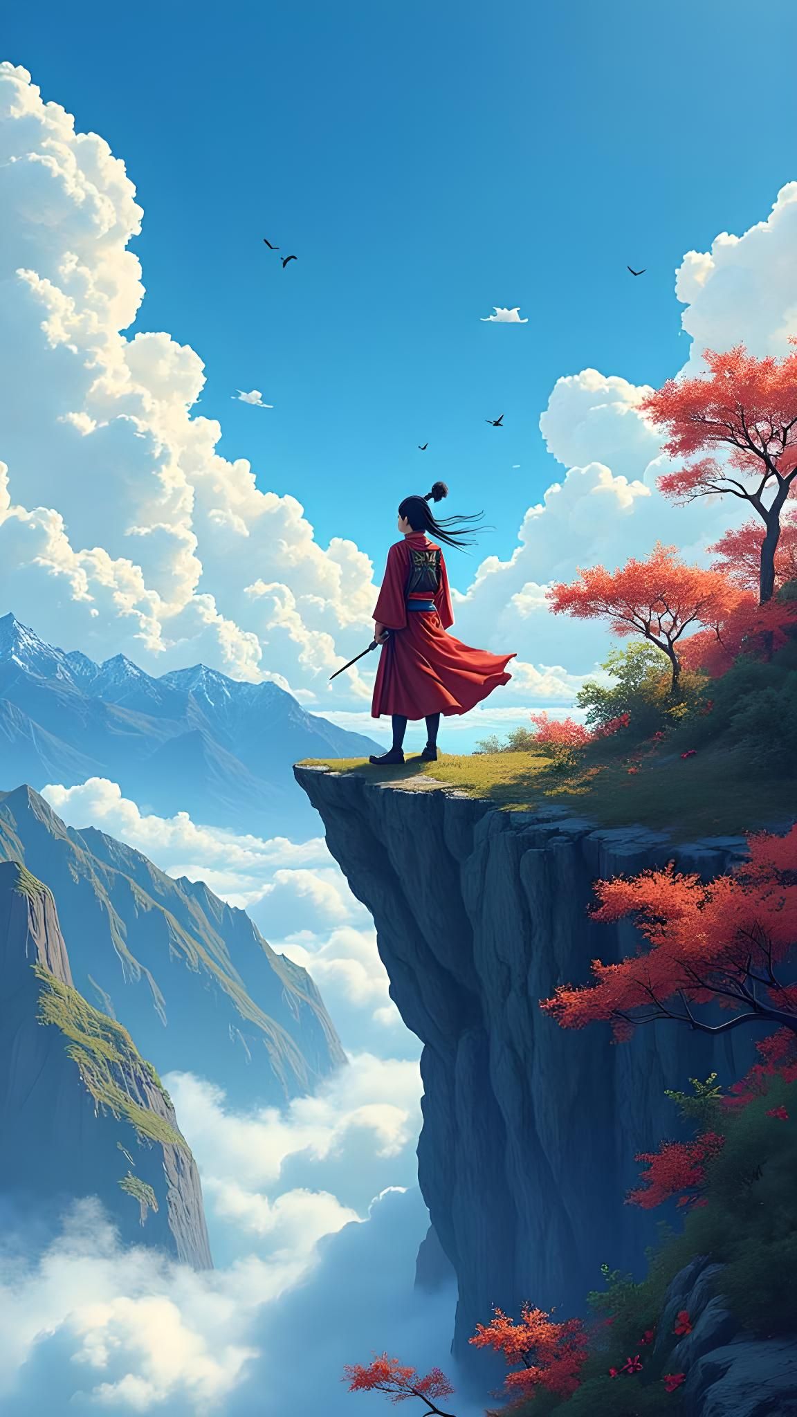 Young Samurai on Epic Cliff in Anime Style