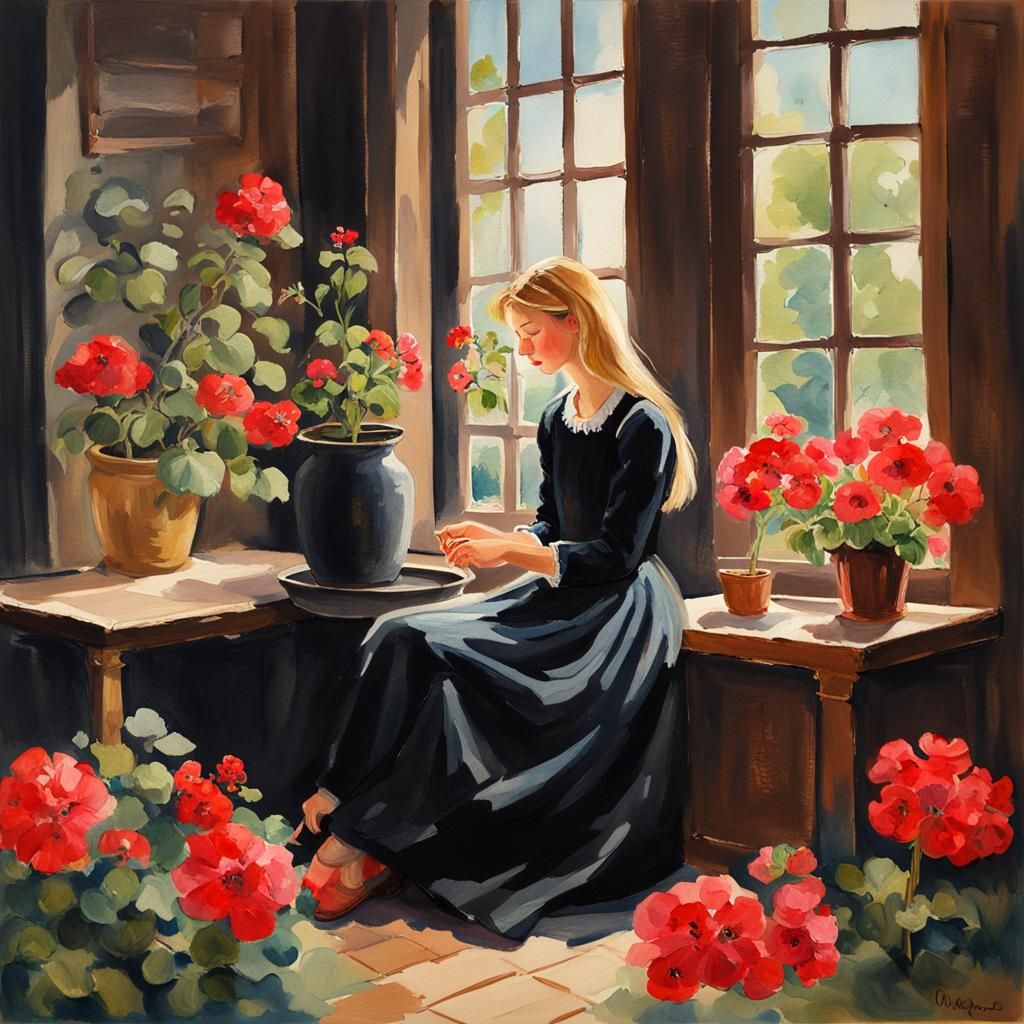 Girl Embroidering Geraniums: Gouache and Watercolor Painting