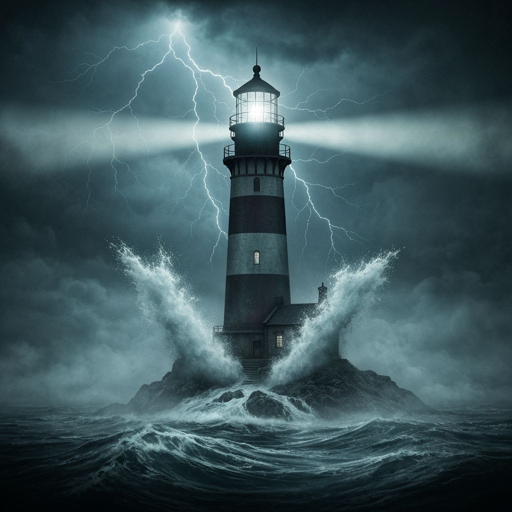 Dark Fantasy Lighthouse Guiding Ships Through Storm