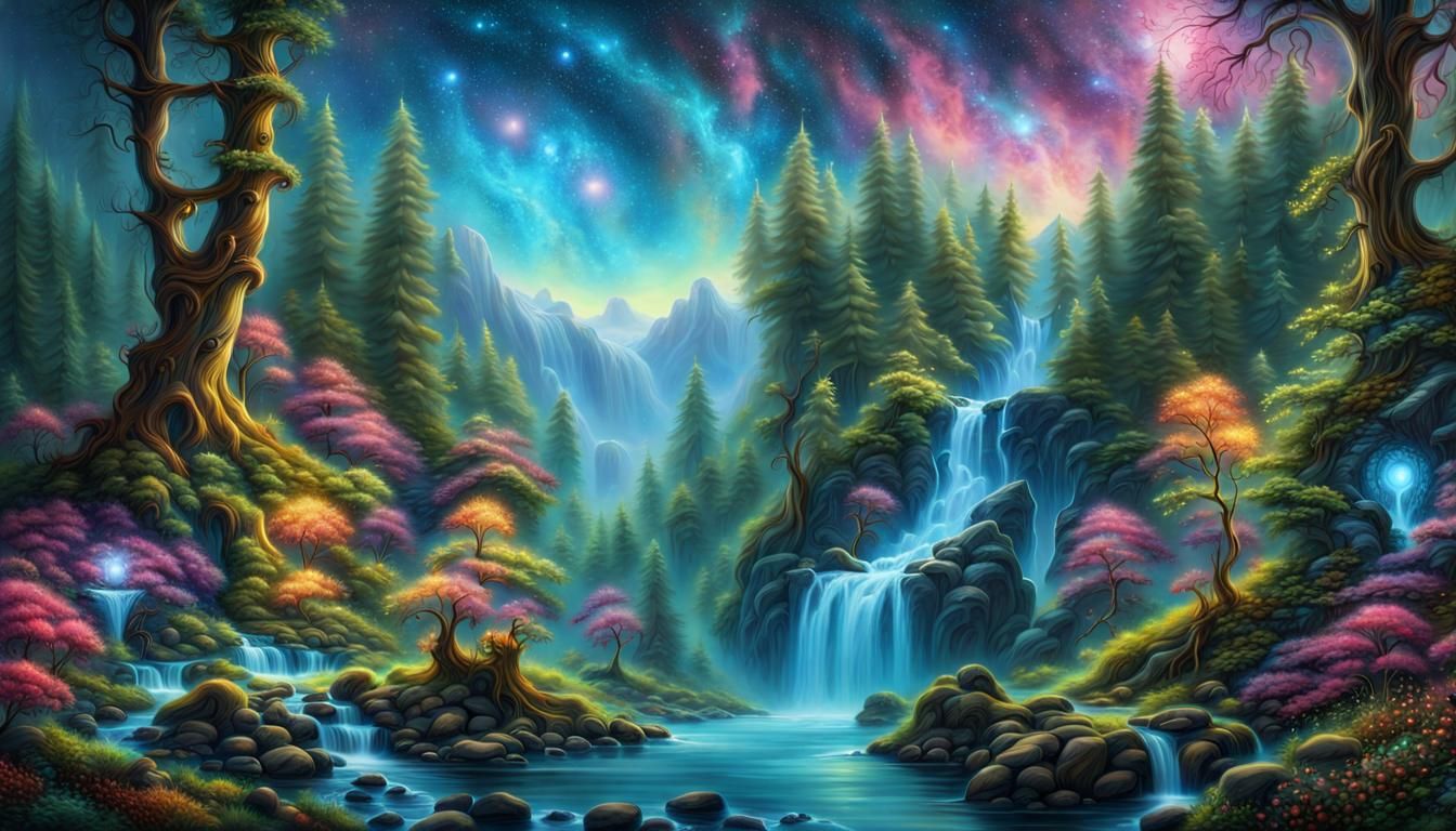 Enchanted Celestial Waterfalls in a Surreal Fairy Forest
