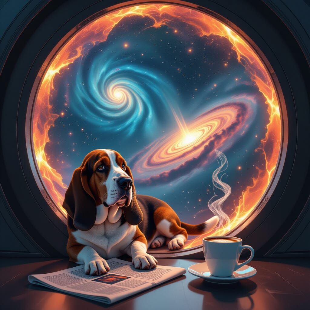 Basset Hound in Cosmic Event Horizon with Steaming Espresso