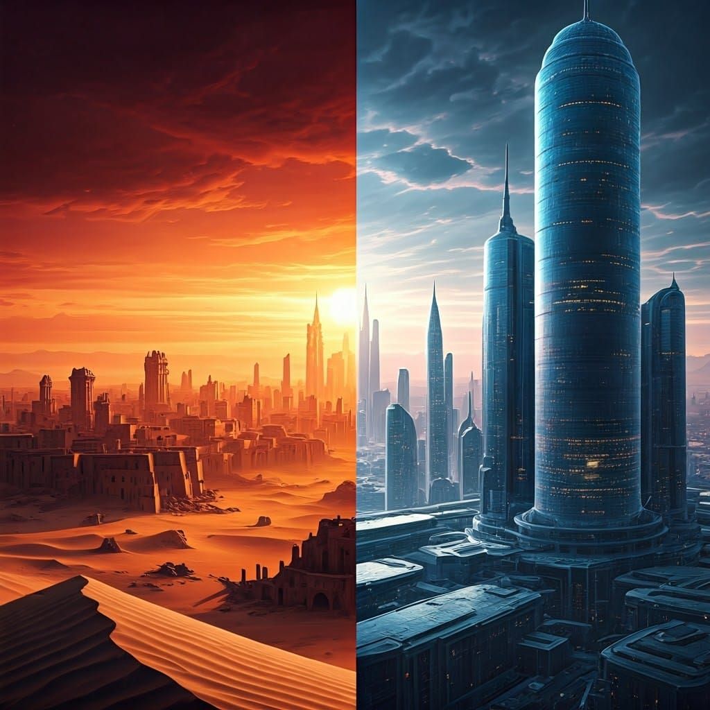 Dichotomous Cityscape: Desert Ruins Meet Futuristic Metropol...