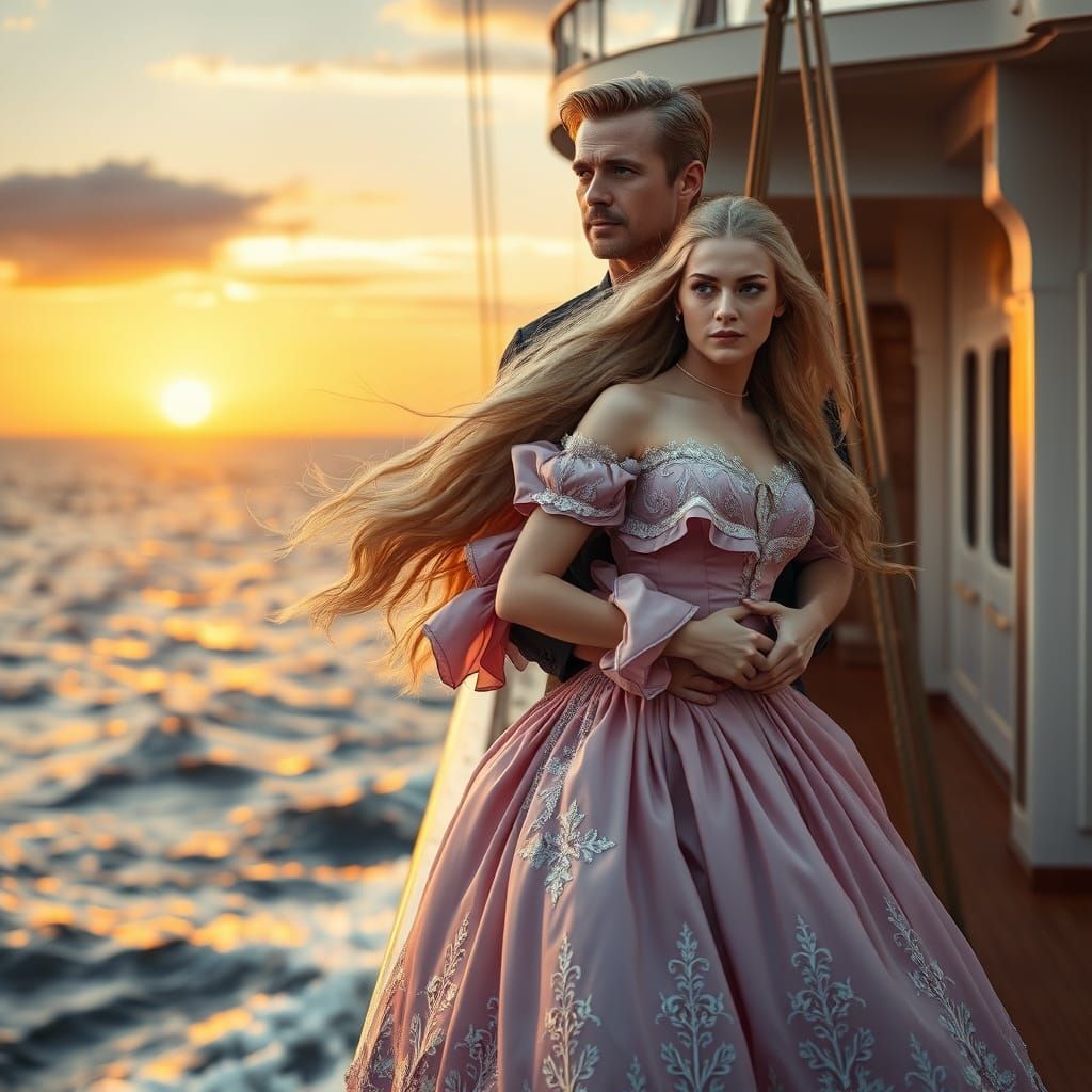 Romantic Sunset Embrace on Ocean Liner, Cinematic Style