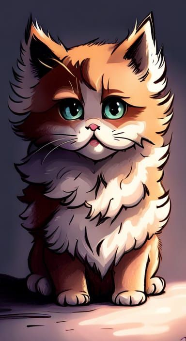 Cute Grumpy little fluffy kitten, Marc Davis style