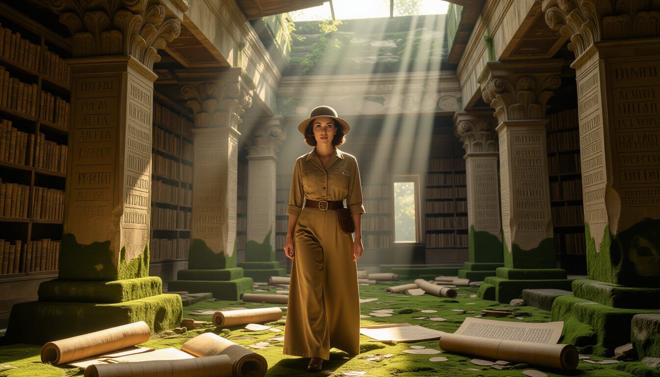 1930s Explorer Woman in Ancient Library Ruins
