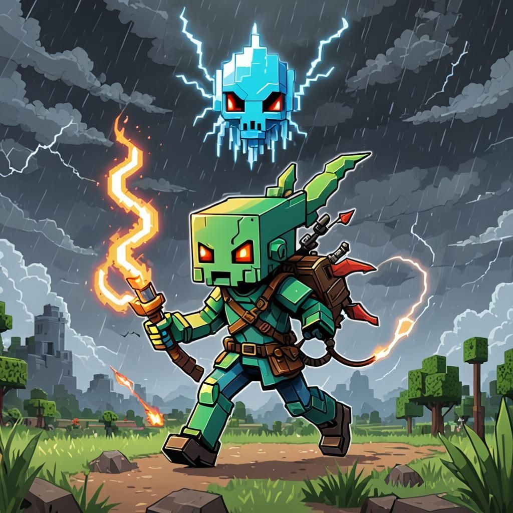 Pixel Art: Alien Weapon and Mouse Archer in Minecraft Style