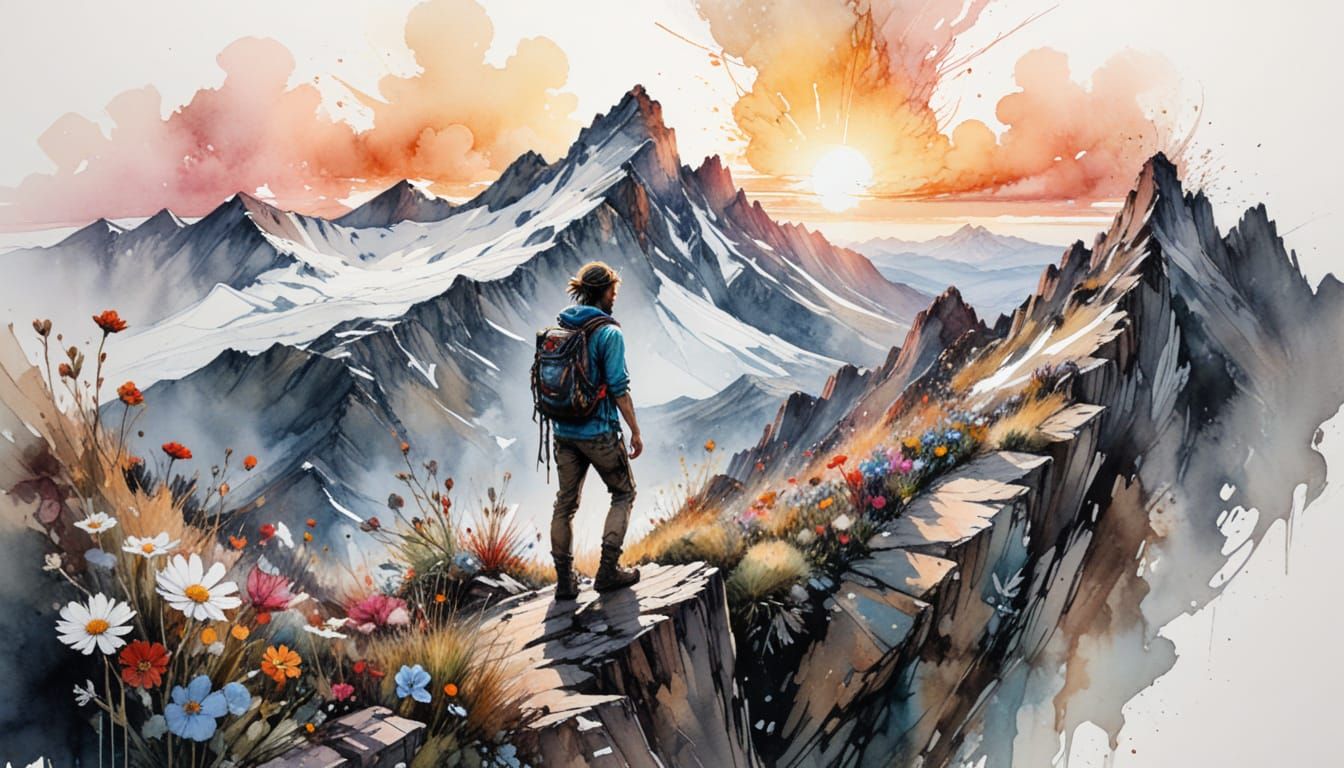 Hiker on Summit: Watercolor Art of Mountains, Sunset, and Fl...
