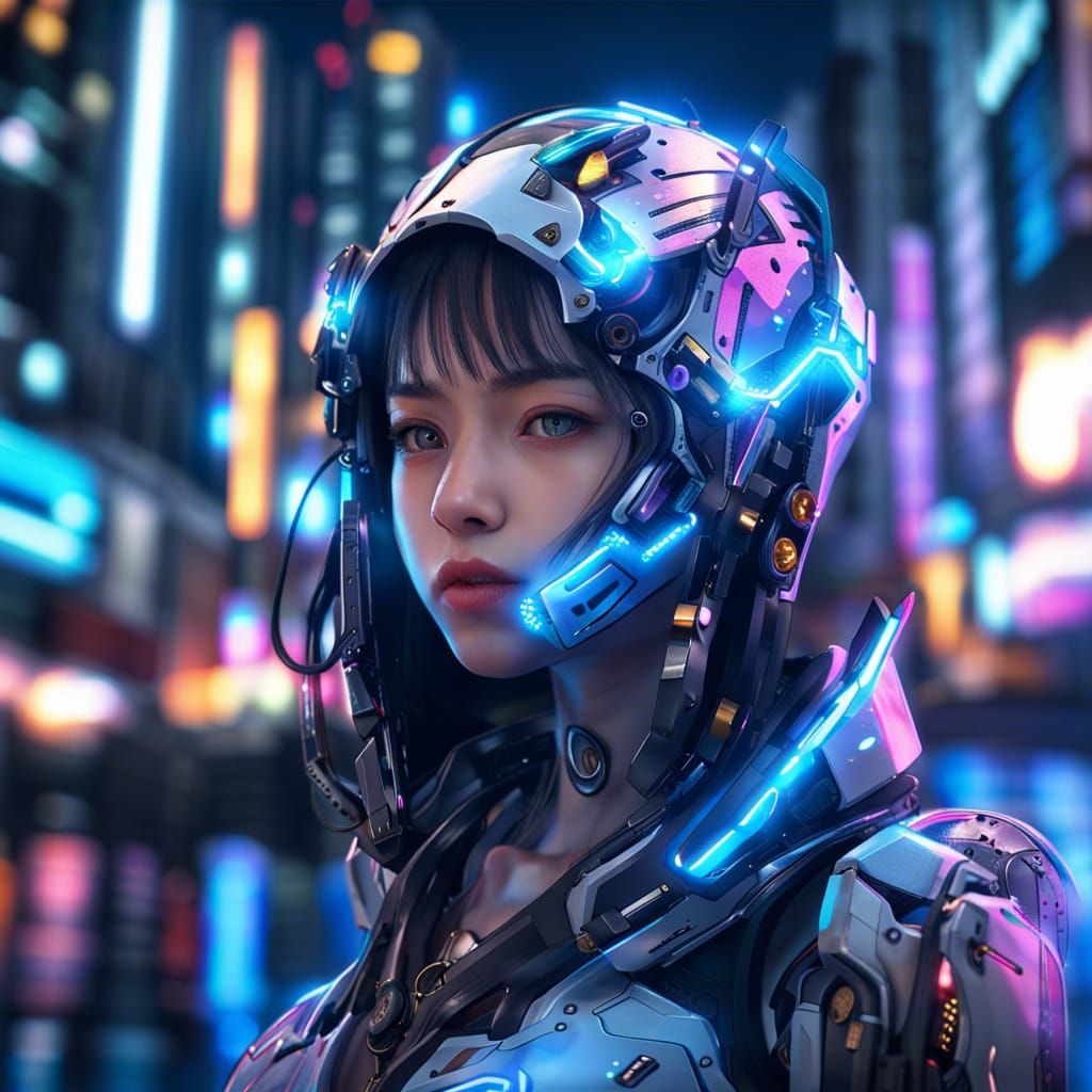 Cyborg Girl with Neon Armor in Anime Style